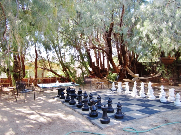 A giant chess board  set up in the garden.